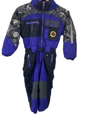 Vintage Obermeyer Kids One Piece Ski Suit Antarctica Print Purple